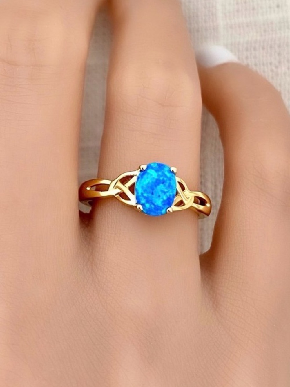 Yellow Gold Celtic Blue Opal 925 Sterling Silver Engagement Women’s Ring